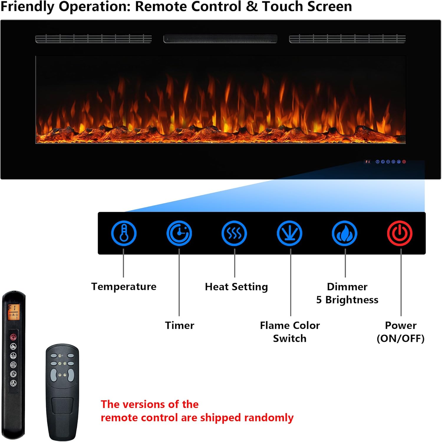 Electric Fireplace 36inches, Wall-Mounted & Recessed Fireplace Inserts, Multicolor Flame w/5 Dimmer, Remote Control Thermostat, Timer, Overheating Protection, Hardwire Connect, 1500W,Black