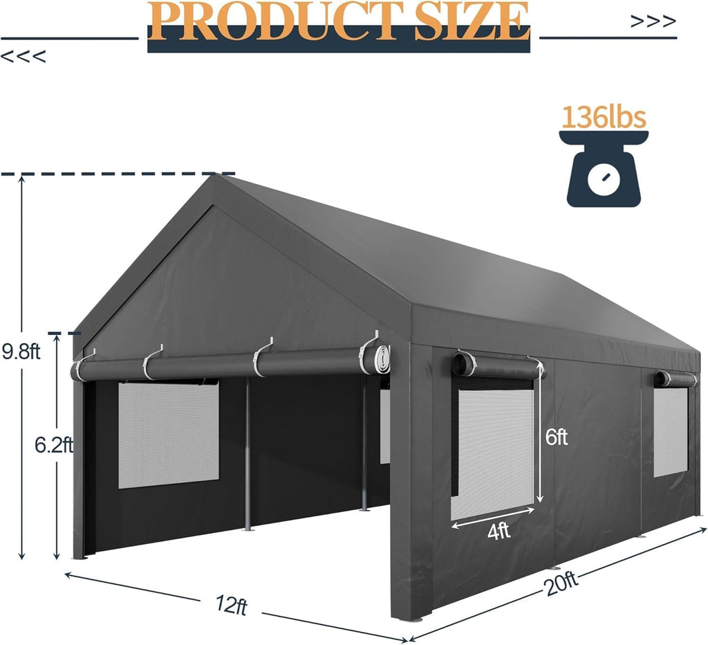 Shintenchi 12x20 FT Heavy-Duty Design Carport Portable Garage Canopy Carport Canopy with Side-Opening Removable Door & Roll-Up Window Portable Car Port for Car  Truck  Boat Grey