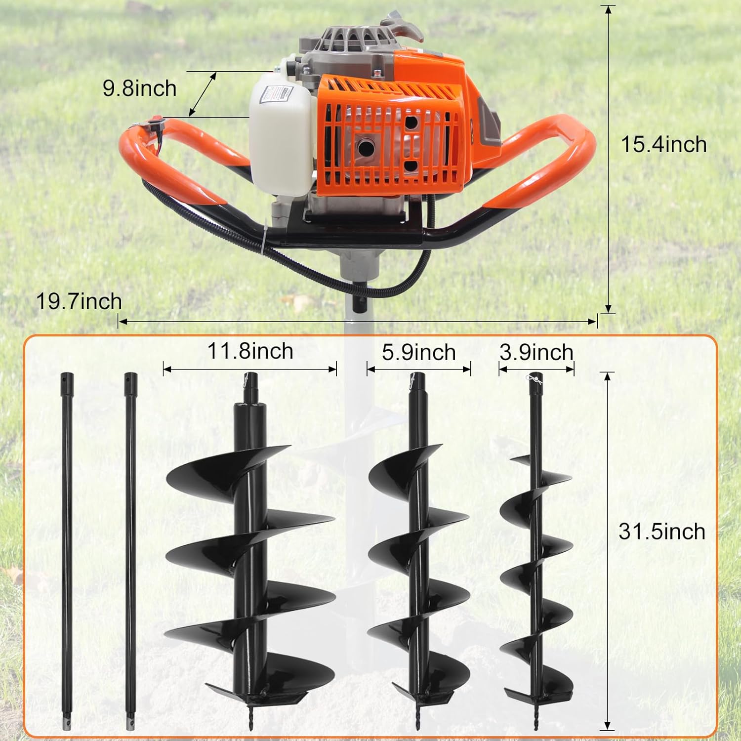 72CC Newly Upgraded Post Hole Digger Gas Powered  2 Stroke Auger Post Hole Digger with 3 Drill Bits (4" &6" & 12") + 2 Extension Rod for Planting - Ideal for Farm & Garden