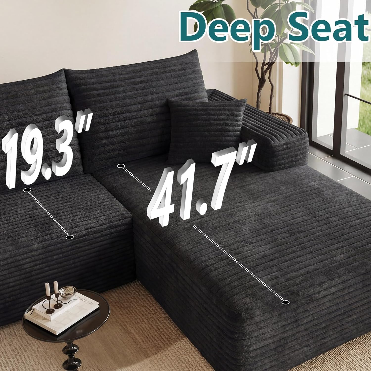 95" Modular Sectional Couch, Boneless L Shaped Cloud Sofa with Chaise Lounge, Corduroy Upholstered Couches Memory Foam Deep Seat, No Assembly Required, Ideal for Living Room(Black, Right Facing)