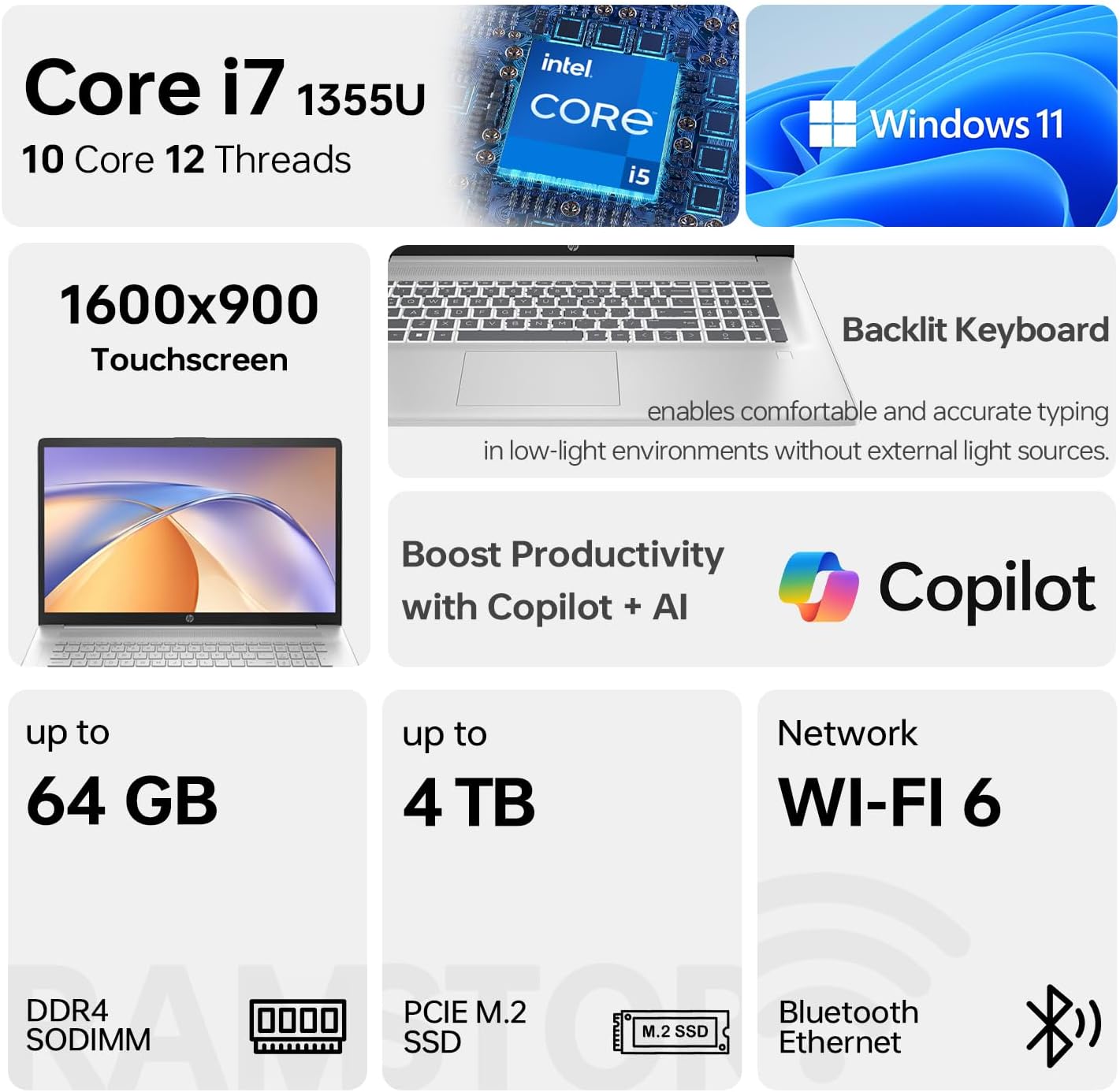 HP 17 Laptop  17.3" HD+ Touchscreen  Intel Core i7-1255U Processor  32GB RAM  1TB SSD  Webcam  HDMI  Backlit Keyboard  Wi-Fi  Windows 11 Home  Silver