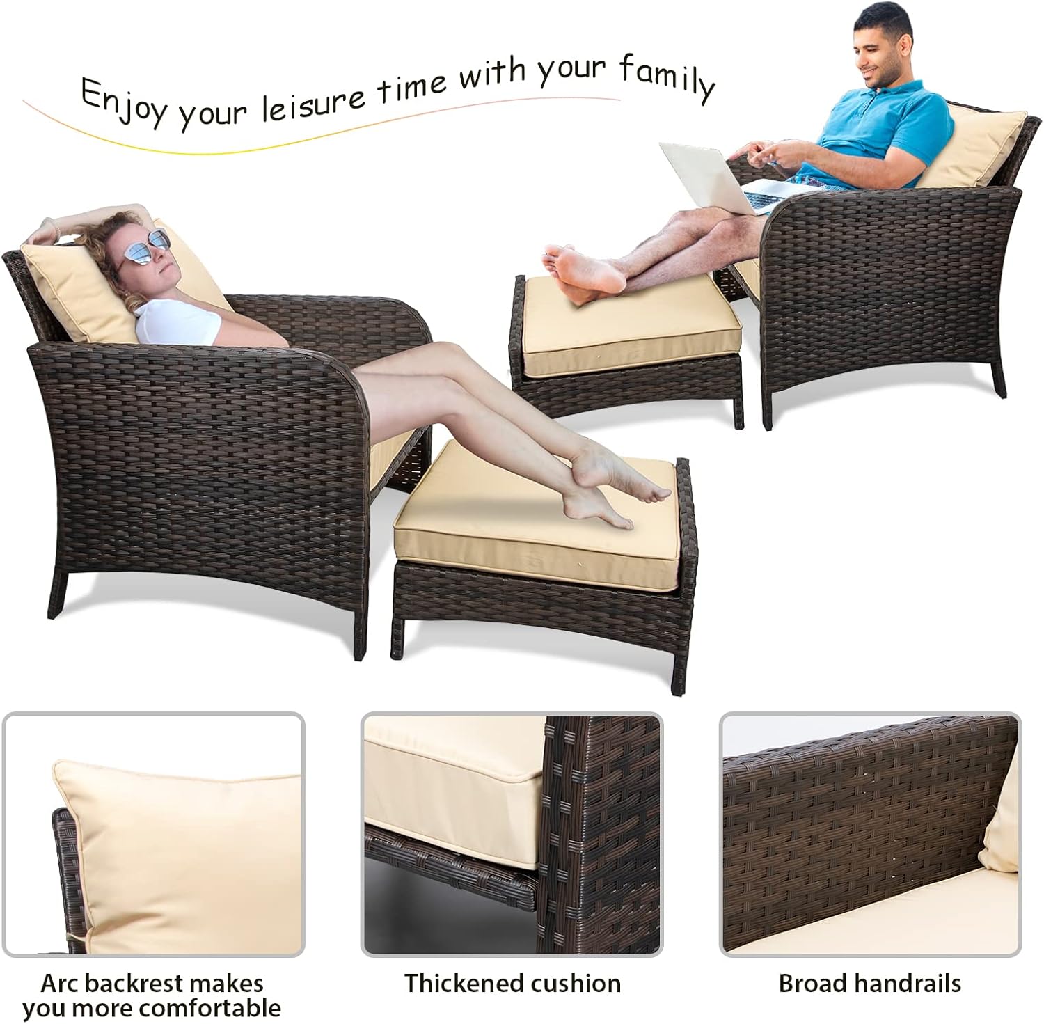 LEVELEVE Balcony Furniture 5 Piece Patio Conversation Set  PE Wicker Rattan Outdoor Lounge Chairs with Soft Cushions 2 Ottoman&Glass Table for Porch  Lawn-Brown Wicker