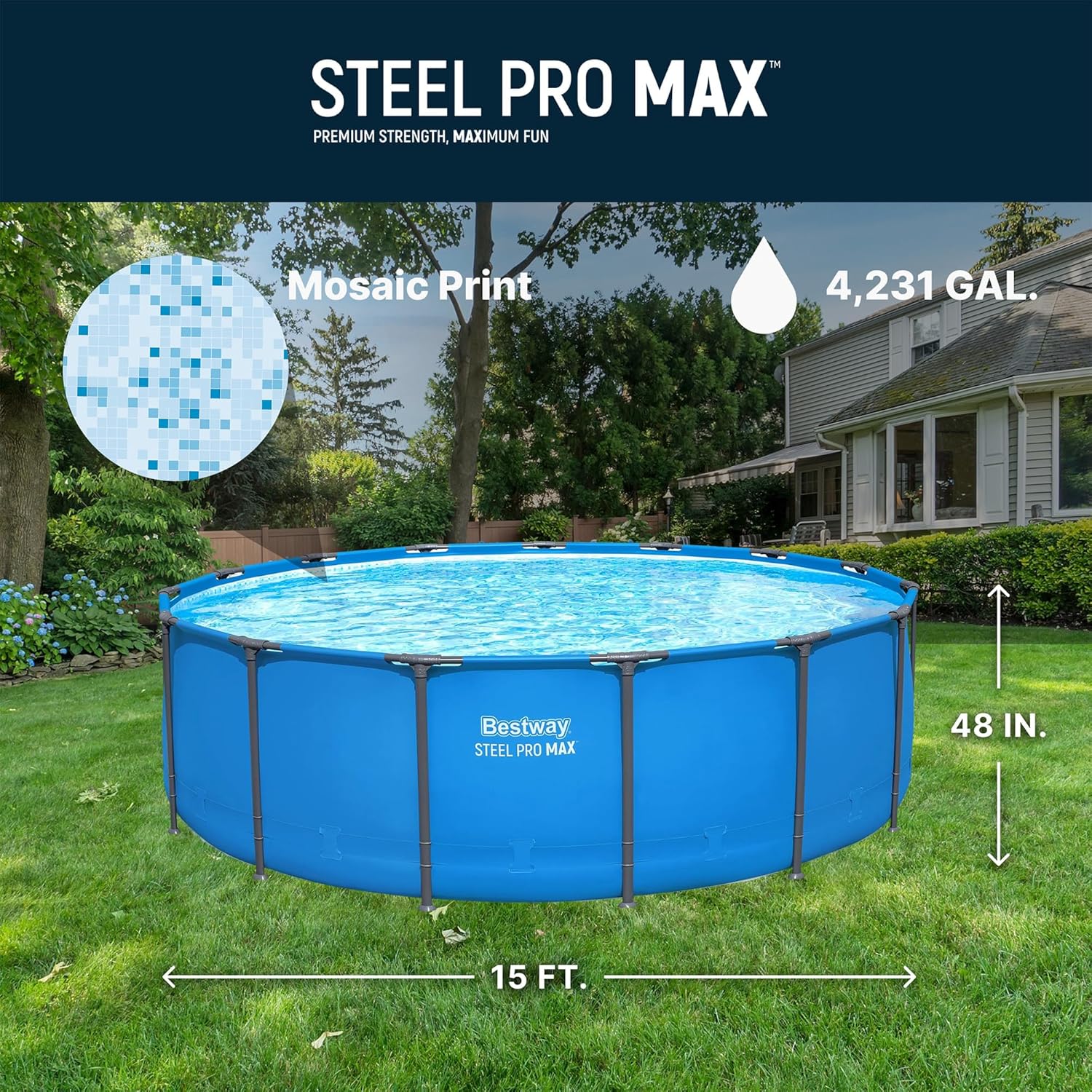 Bestway Steel Pro MAX 15' x 48" Above Ground Pool  Round Metal Frame Outdoor Swimming Pool for Backyard  Blue  Pool ONLY