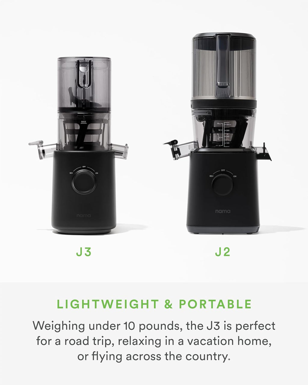 Nama J3 Compact Cold Press Juicer – Space Saving & Self Feeding for Hands-Free Operation – Lightweight, Portable Zero Waste Slow Masticating Juicer – Easy Cleanup & Assembly - Black