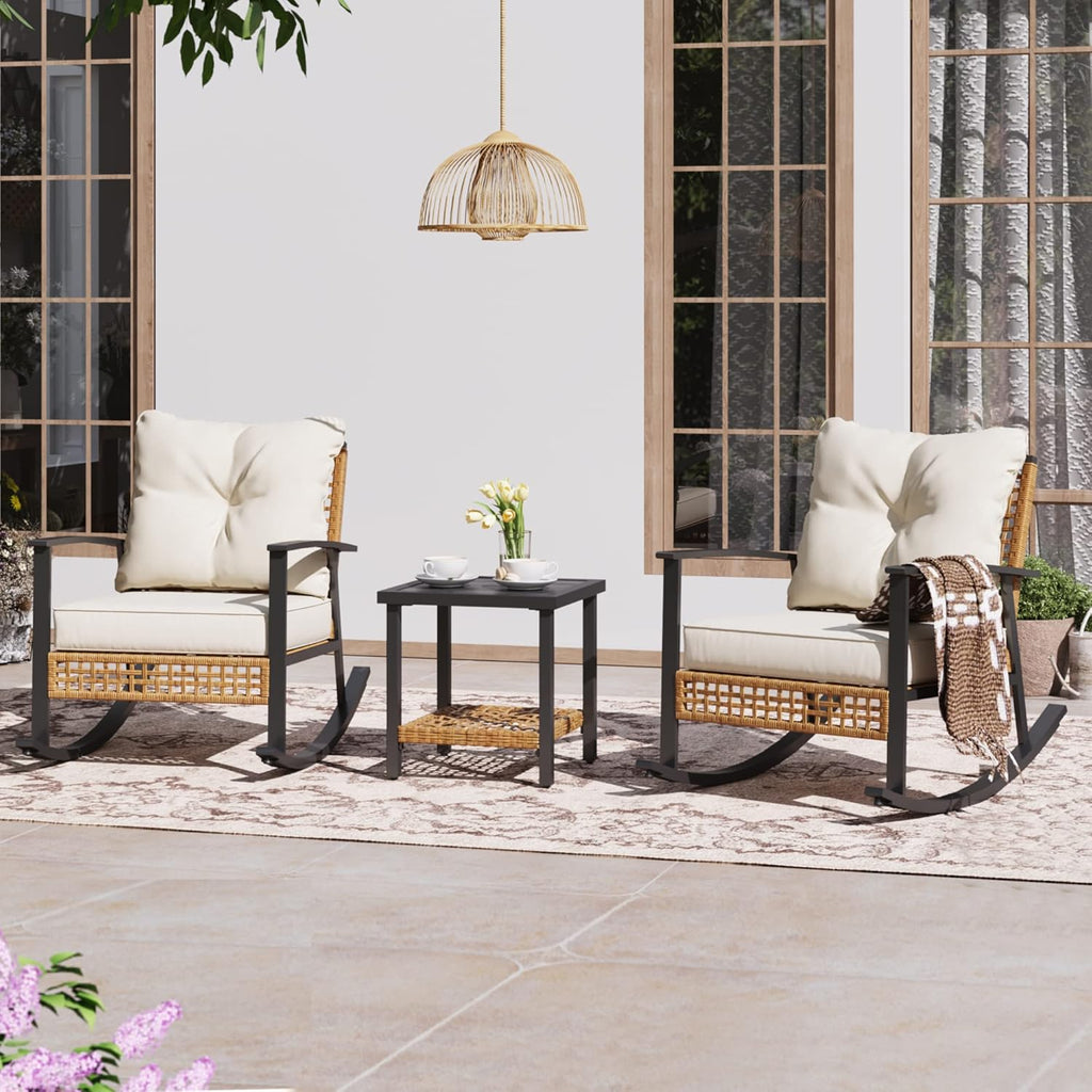 LAUSAINT HOME 3-Piece Rocking Bistro Set  Outdoor Patio Furniture with Thick Cushions and 2-Tier Coffee Table  Oversize Rattan Conversation Set for Garden  Balcony  Backyard (Beige)