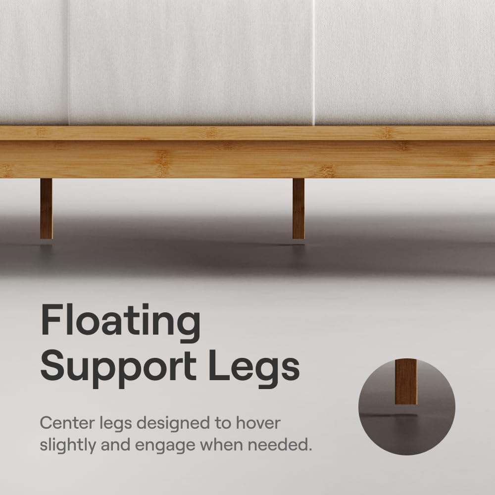 Nectar Bamboo Platform Bed Frame & Headboard - Natural - Queen - Floating Center Support Legs - 12” Height - Easy Tool Free Set Up - Contemporary - Sturdy Wooden Support Slats - Holds Up To 800 Pounds