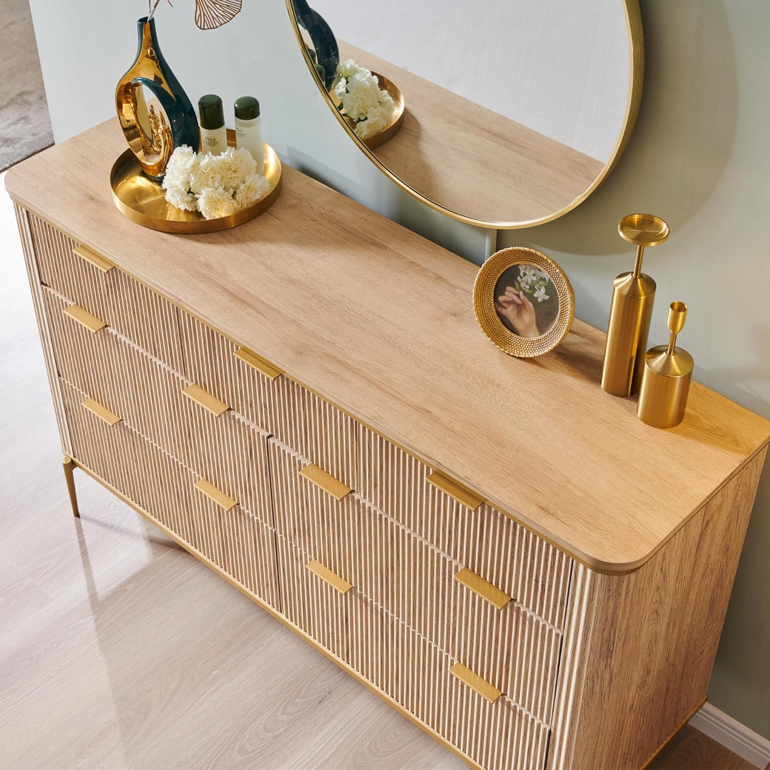 T4TREAM Fluted 7 Drawers Dresser for Bedroom, 54" Wide Modern Dresser TV Stand, Gold Accents, Fluted Fronts, Wood Storage Dressers Organizer for Bedroom, Living Room, Natural Oak