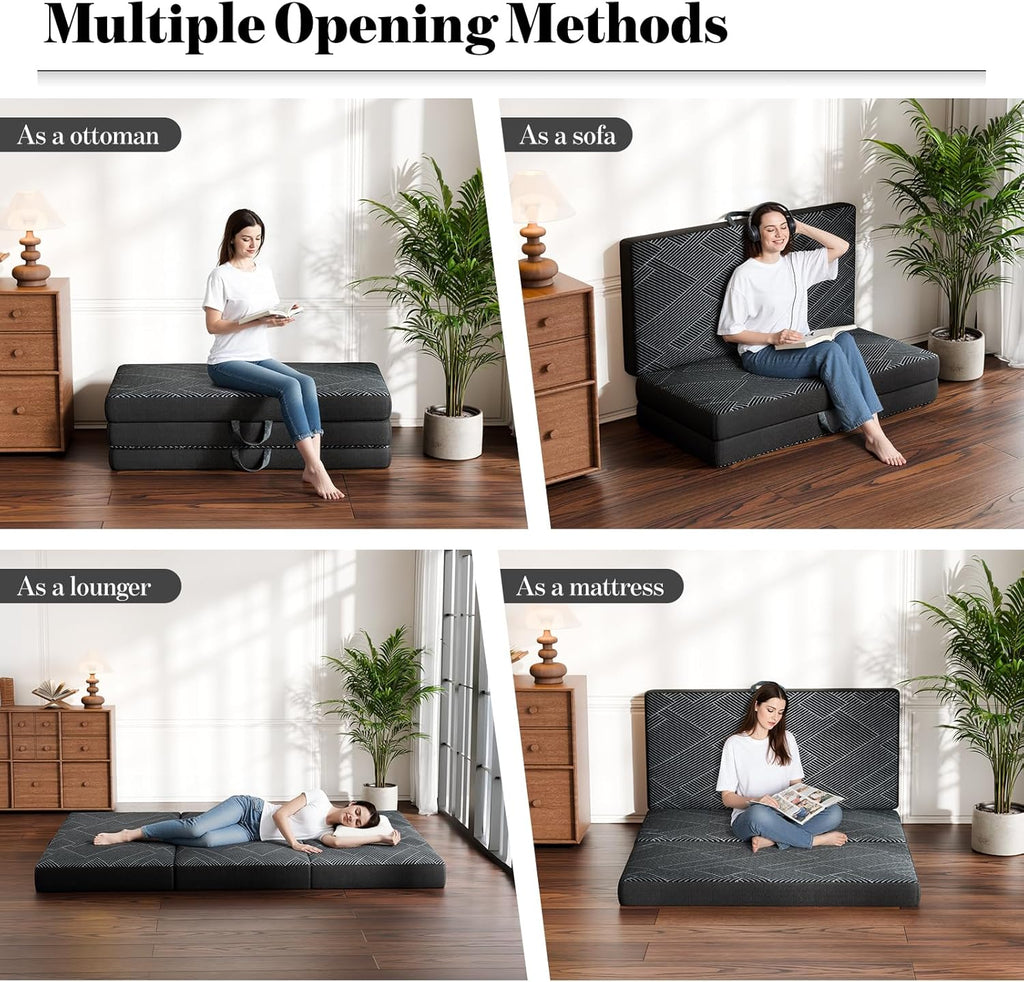 Tri Folding Mattress Queen Size - Foldable Mattress Trifold Memory Foam Mat with Washable Cover, Handle & Non-Slip Bottom Portable Foldable Floor Sofa Bed for Travel Camping Guest - 6 Inch, 78"x58"x6"