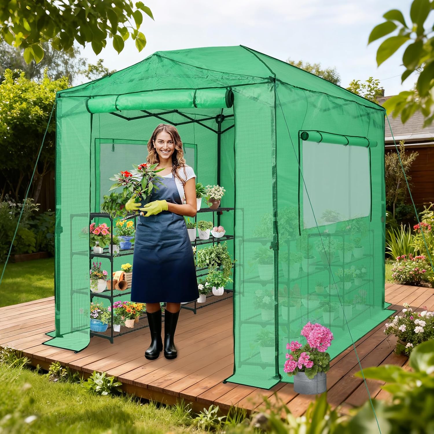 EAGLE PEAK Instant Pop-up Greenhouse  Indoor Outdoor Plant Gardening Green House  Roll-Up Zipper Doors and Side Windows  Walk in 8x6 ft  PE Cover  Green/Clear