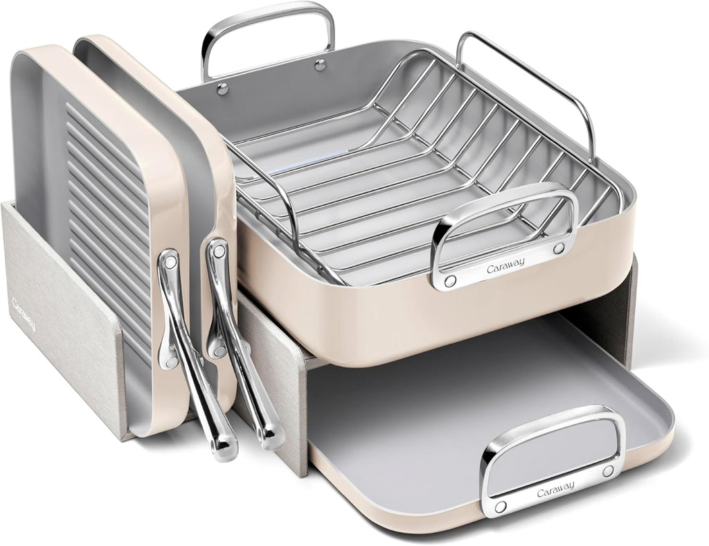 Caraway Square Cookware Set - Square Pans Set - Perfect for Griddling, Toasting, Searing, Roasting, and More - Non-Stick Ceramic Coated Pans - Non Toxic, PTFE & PFOA Free - Cream