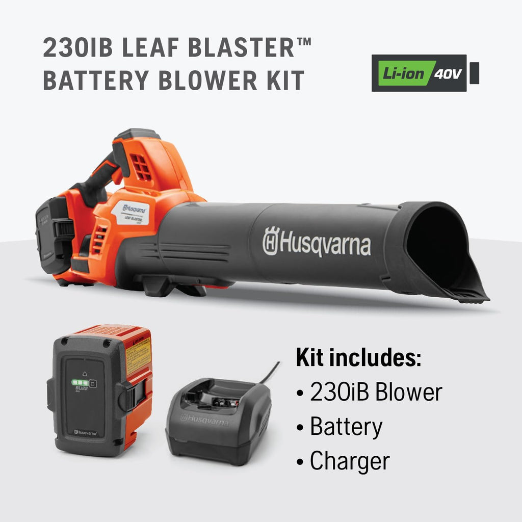 Husqvarna 230iB Battery Powered Cordless Leaf Blower  136-MPH 650-CFM Electric Leaf Blower with Brushless Motor and Quiet Operation  40V Lithium-Ion 4 Ah Battery and Charger Included  970480204