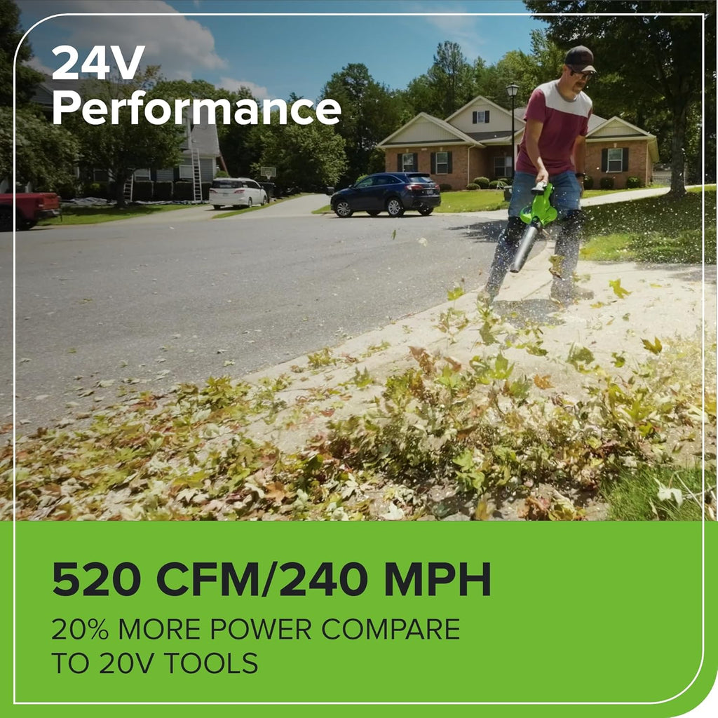 Greenworks 48V (24V x 2) Cordless Brushless Leaf Blower/Vacuum (520 CFM / 240 MPH) with Bag  Powerful & Efficient for Yard Debris Cleanup  Includes (2) 4.0Ah Battery & Dual Port Charger