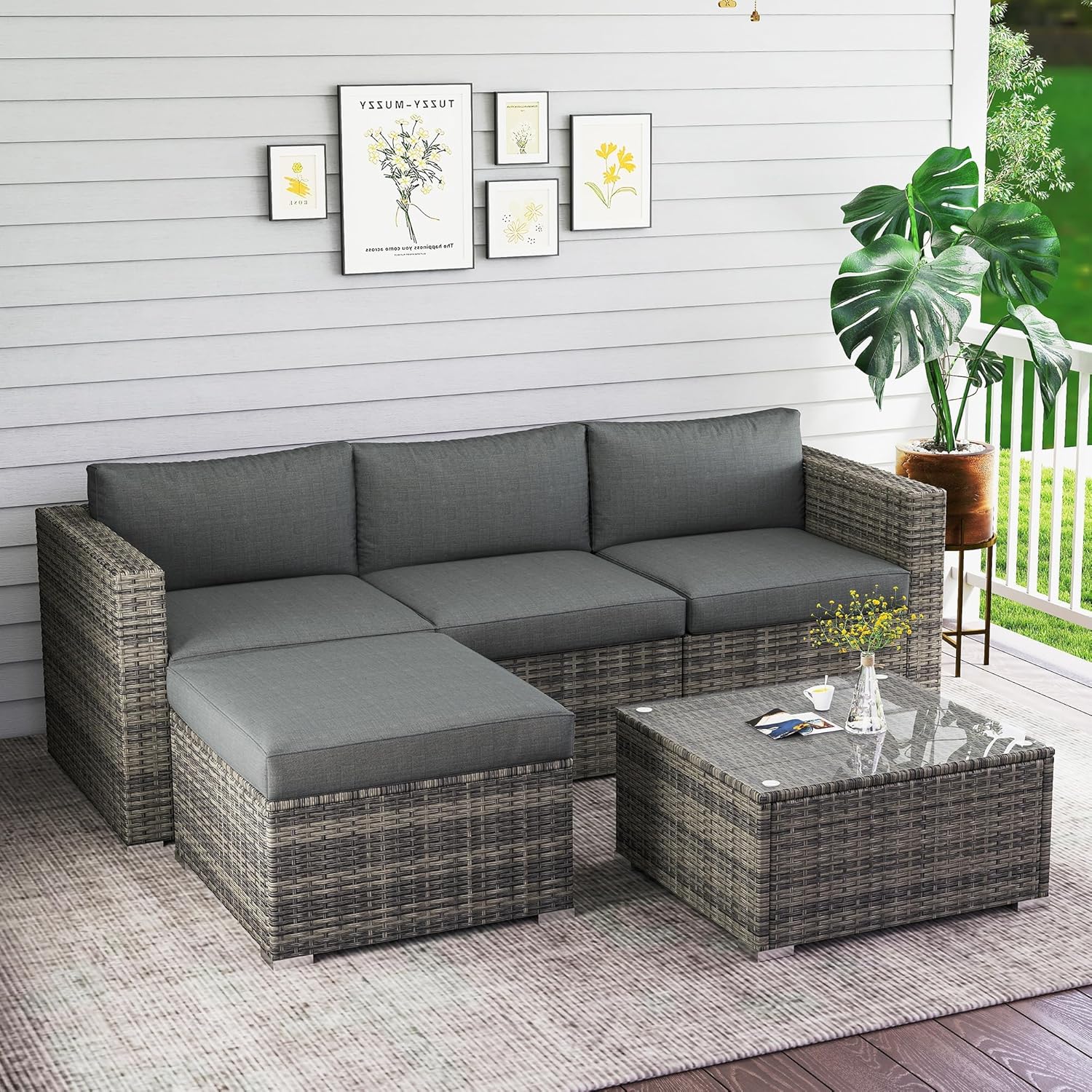 Wisteria Lane 5-Pieces Outdoor Patio Furniture Set  All Weather Wicker Rattan Sectional Sofa  Patio Conversation Set with Cushions & Glass Coffee Table for Backyard Porch Garden Balcony  Grey