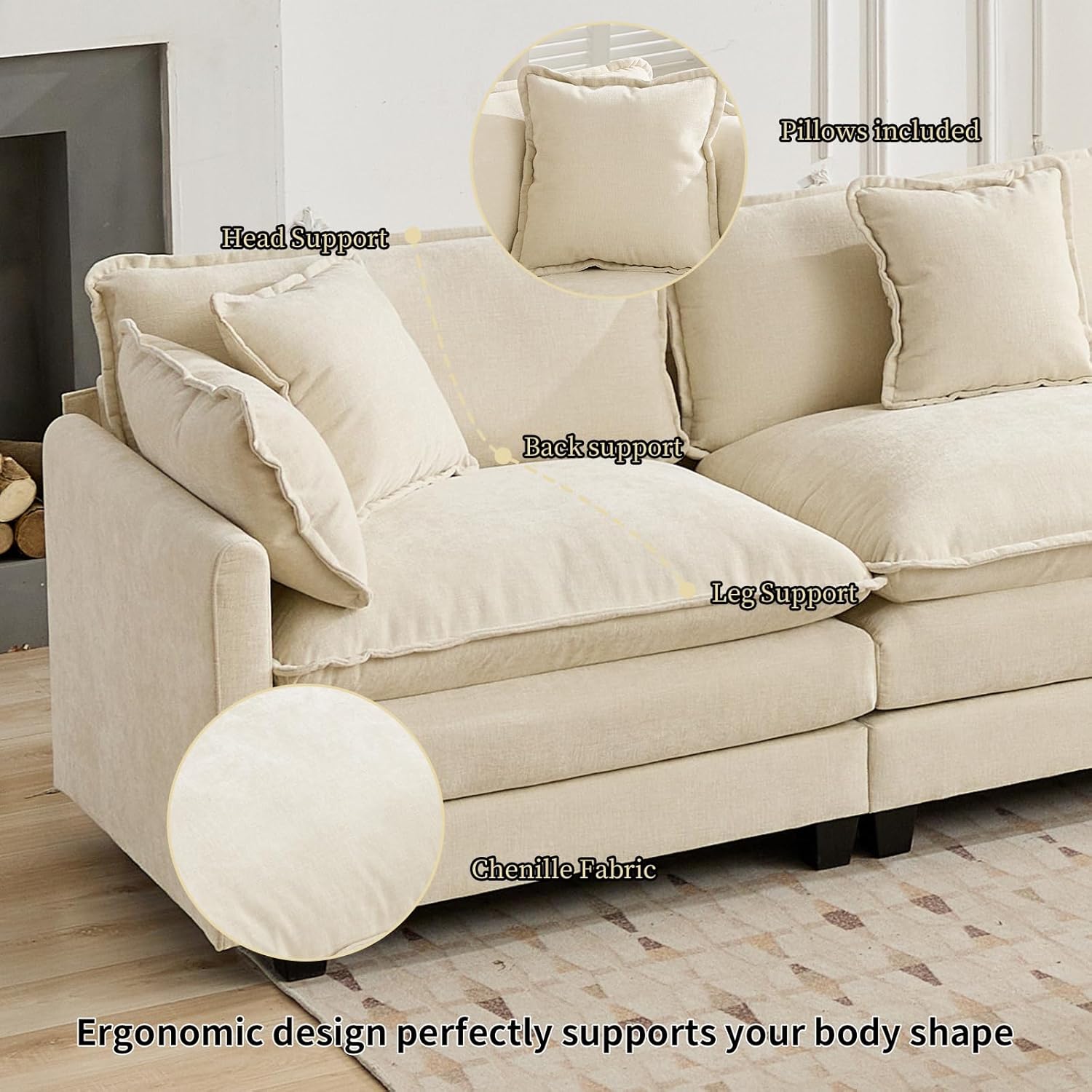 111.5" Beige Modular Sectional Sofa, 3 Seater Large Sectional Couches for Living Room, Ivory Off-White Chenille Fabric Oversized Cloud Couch with Ottoman, Modern Sofas Set, Sofas para Sala, L Shaped