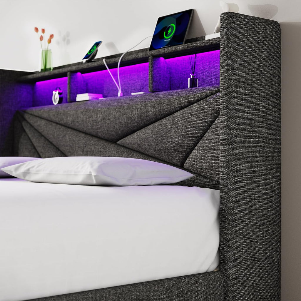 Queen Bed Frame with 4 Storage Drawers, Upholstered Bed Frame Queen Size with LED Lights Headboard and Charging Station, No Box Spring Needed, Easy Assembly - Dark Grey