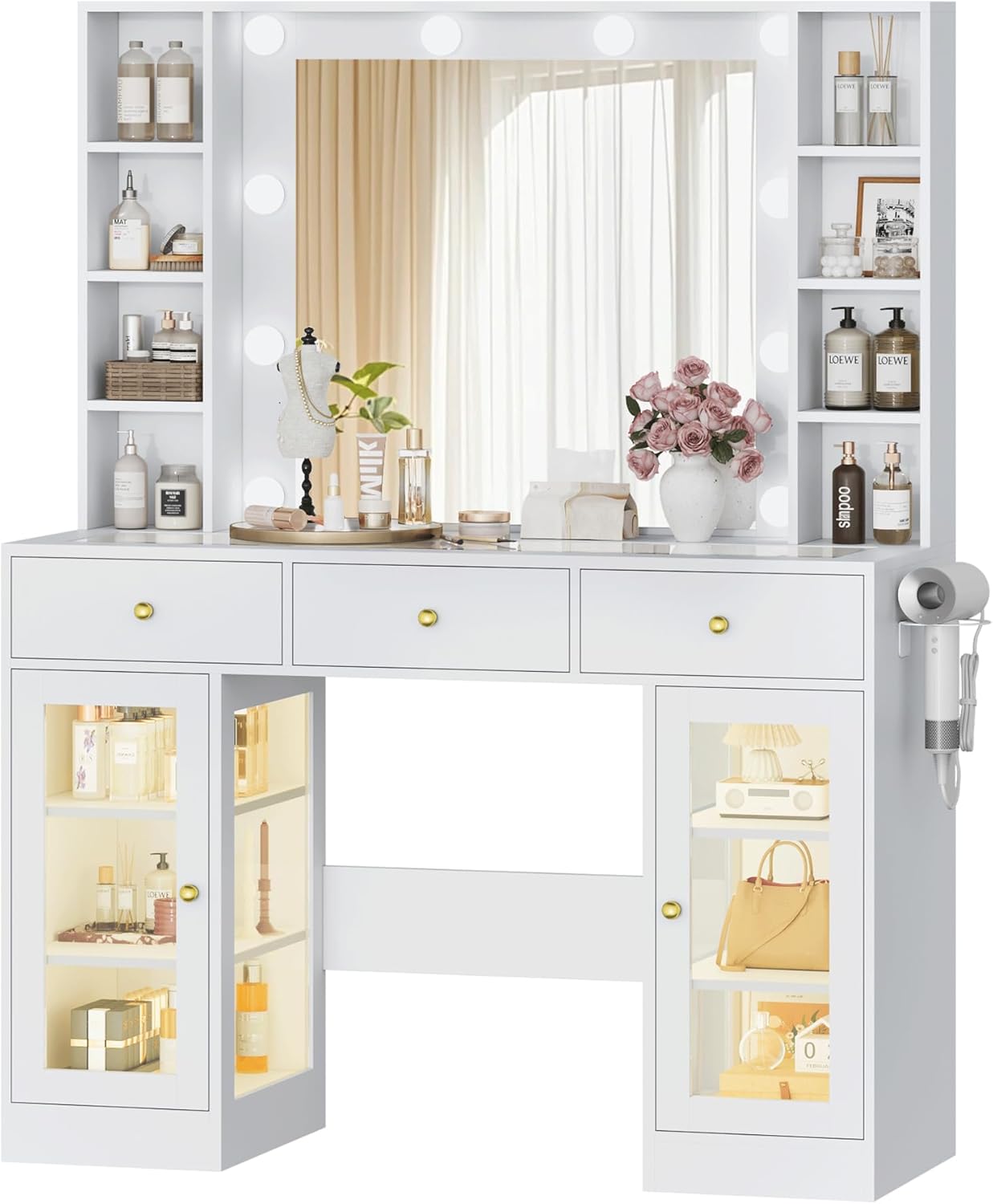 Makeup Vanity Desk with Mirror and Lights, White Vanity with Glass Top, LED Lights & Power Outlet, 3 Drawers & 2 RGB Glass Cabinets, Adjustable Lighted Dressing Table for Women & Girls Bedroom
