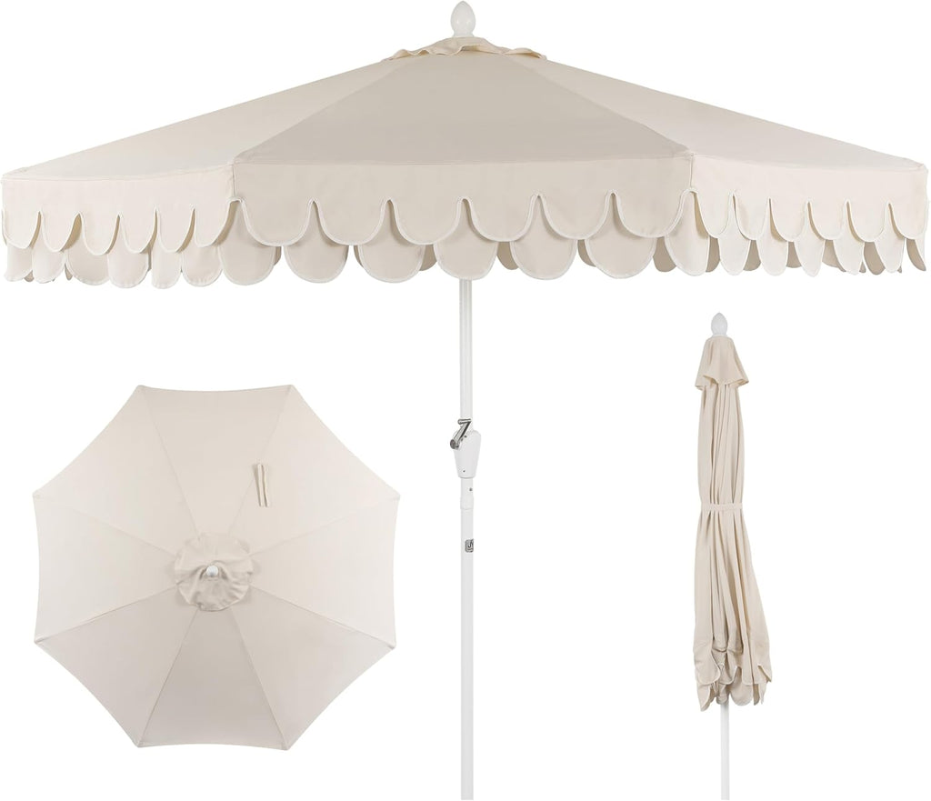 JONATHAN Y UMB1002C Tracy 9 ft. Classic MidCentury Scalloped Fringe Market Patio Umbrella with Auto-Tilt  Crank  Wind Vent and UV Protection in Cream/White