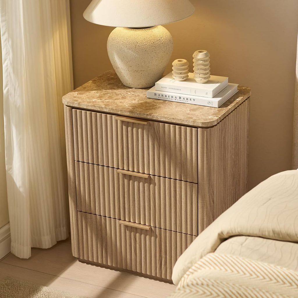 Fluted Nightstand Set of 2, Engineered Wood Bedside Table with 3 Drawers, Modern End Table with Faux Marble-Top, Curved Corners, Metal Handle, Large Night Stand for Bedroom, Office, Closet Natural Oak