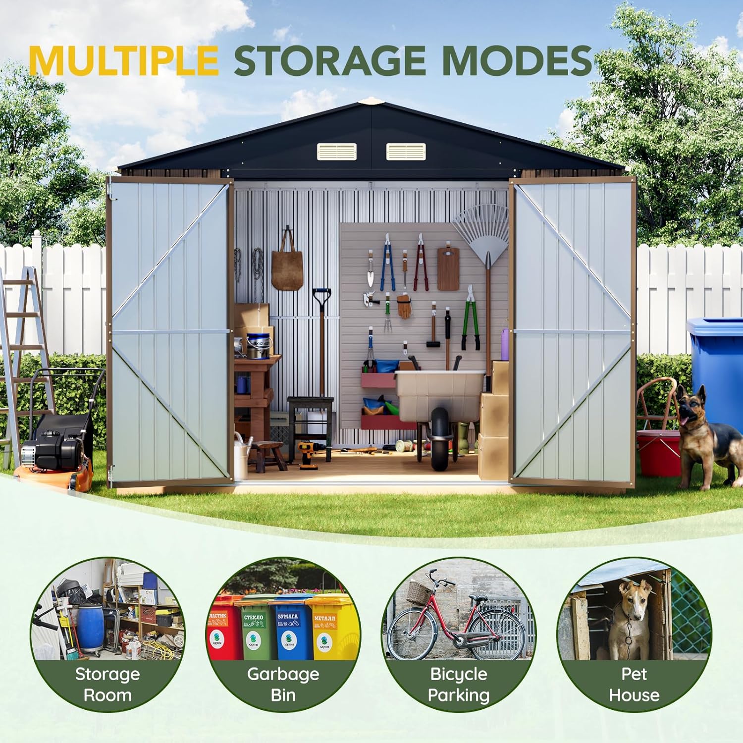 Breezz Outdoor Storage Shed 10 x 12ft. Utility Tool Shed Metal Storage Garden Shed with Lockable Doors  Windows & Metal Frame Floor for Patio Storage Brown