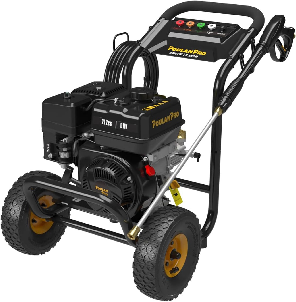 Poulan Pro Gas Pressure Washer  3400 PSI & 2.6 GPM  212cc 4-Cycle High Pressure Washer with 30ft Hose  21" Spray Lance  5 Nozzles for Cleaning Cars Driveways Patios Fences Furnitures