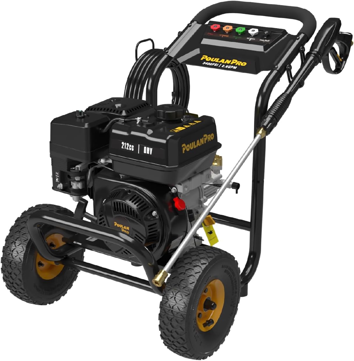 Poulan Pro Gas Pressure Washer  3400 PSI & 2.6 GPM  212cc 4-Cycle High Pressure Washer with 30ft Hose  21" Spray Lance  5 Nozzles for Cleaning Cars Driveways Patios Fences Furnitures