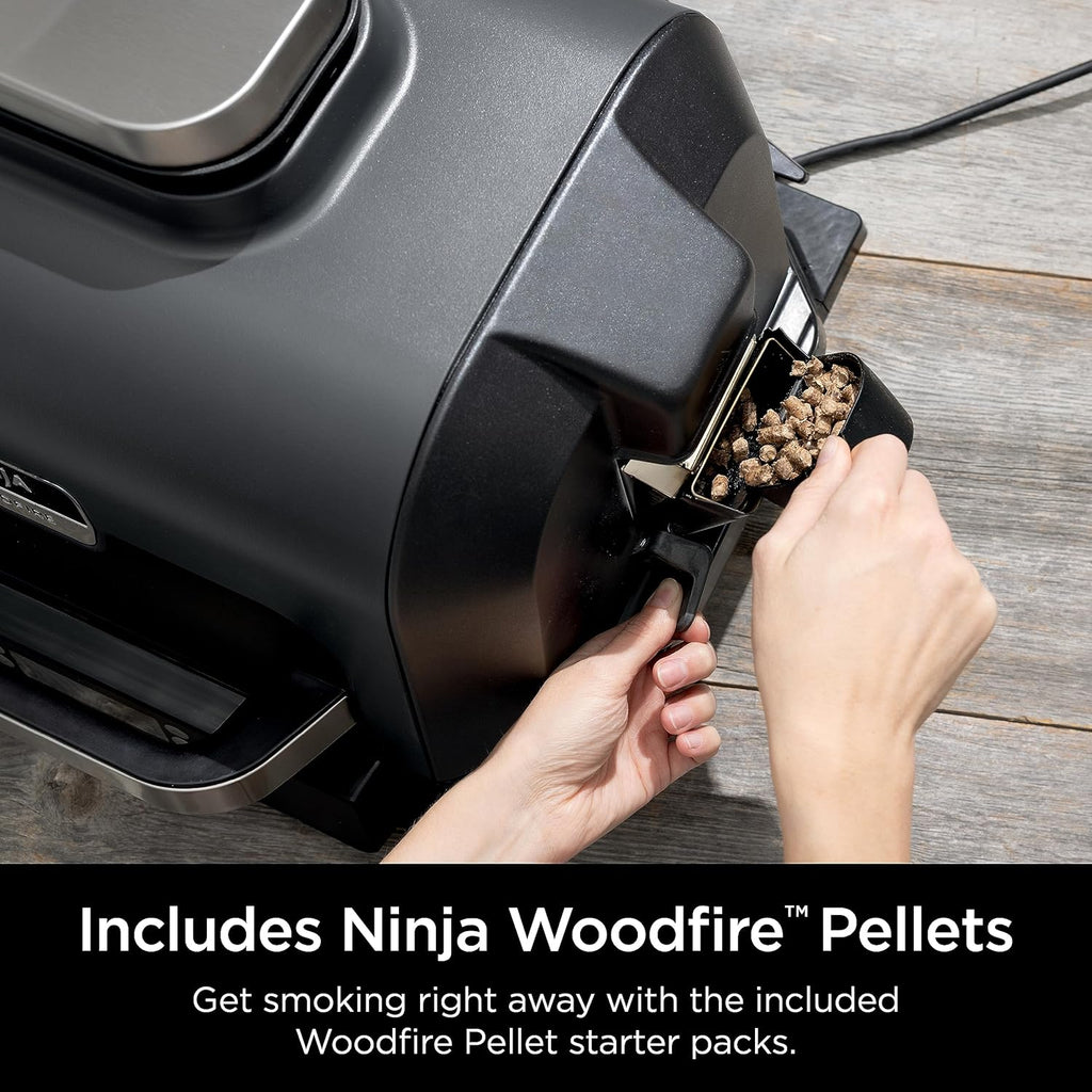 Ninja | Grill & Smoker | Outdoor Woodfire Pro XL | 4 in 1 Grill  BBQ Smoker  Air Fryer & Bake | Portable | Includes Built in Thermometer & 2 Woodfire Pellet Packs | Dark Grey | OG850