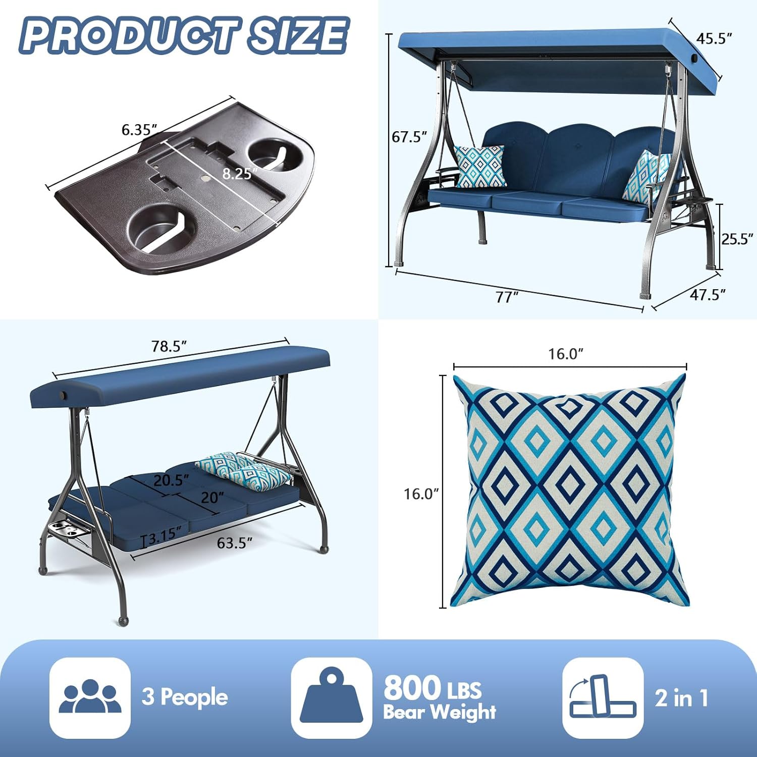 3 Seat Outdoor Porch Patio Swing with Stand 800lbs 2-in-1 Convertible Swing Bed with Adjustable Canopy & Removable Cushion for Yard Garden Deck (Blue  Square Tube)