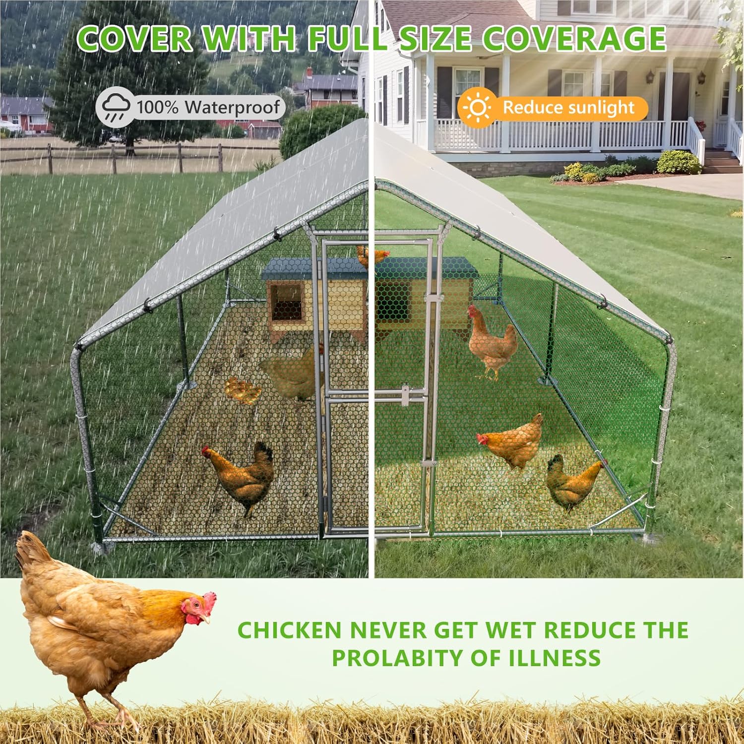Large Chicken Coop Metal Chicken Run for Yard with Feeding Door Walk-in Chicken Pen for 10-20 Chickens Outdoor Poultry Cage with Anti-UV Cover