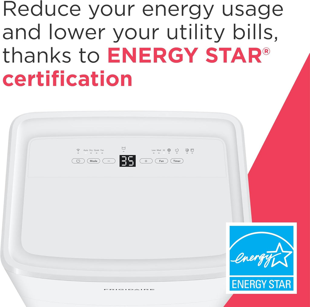Frigidaire 35-Pint Portable Dehumidifier with Wi-Fi and Energy Star Certification for Small/Medium/Large Rooms & Basements, Custom Humidity Control, Auto Shut Off, White