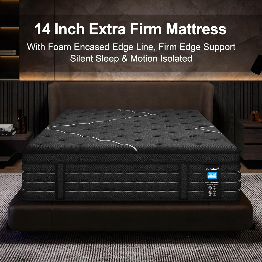 Extra Firm King Mattress, 14 Inch King Size Mattress,Luxurious Memroy Foam Hybrid Extra Lumbar Support, Back Pain Relief&Cool Sleep, Firm Foam Encased Edge,Motion Isolation,Fiberglass-Free