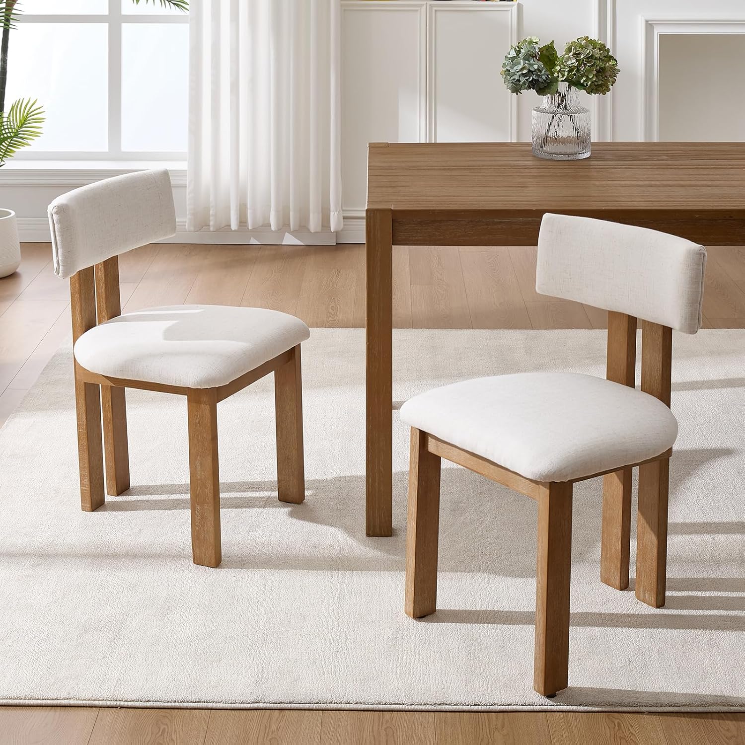 Kmax Farmhouse Dining Chair Set of 4, Linen Fabric Kitchen Chair Curved Back Armless Dining Room Chairs with Walnut Wood Legs for Family Diner, White