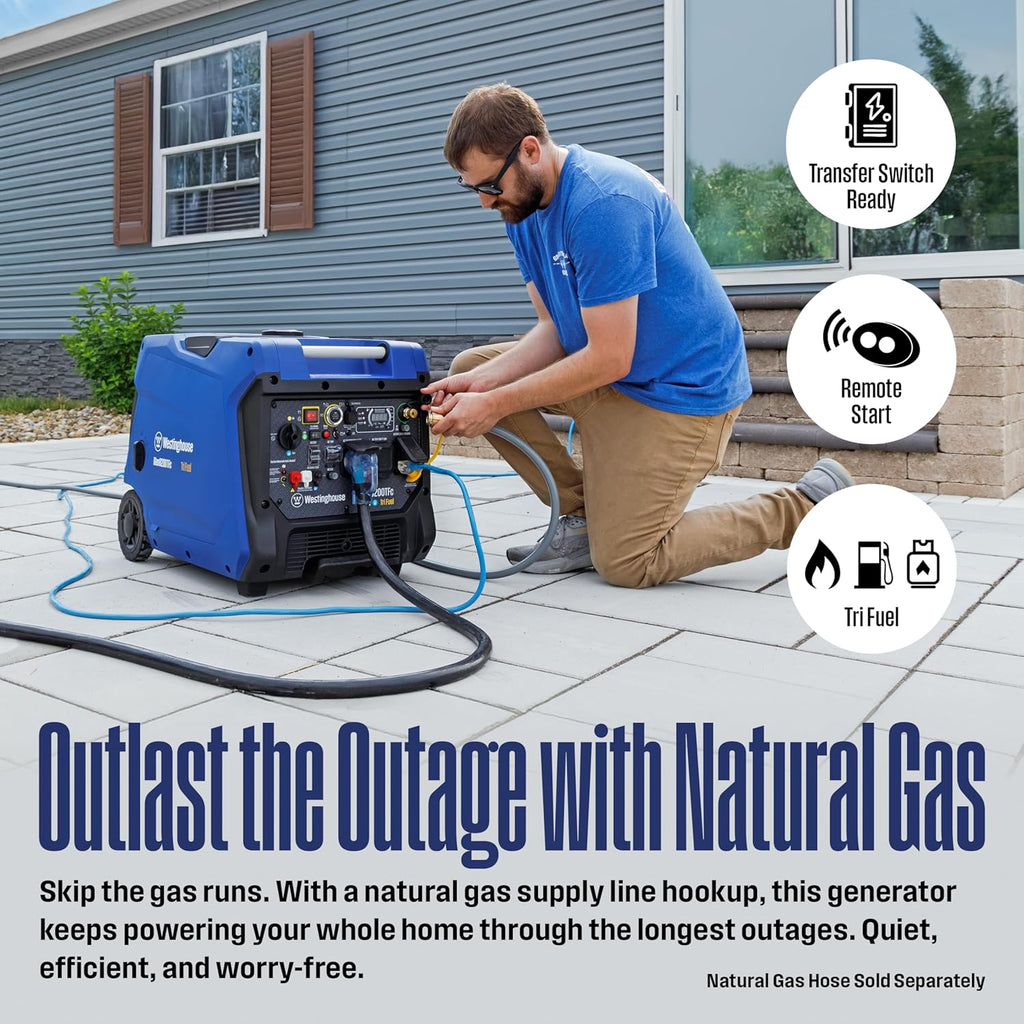 Westinghouse 8200 Peak Watt Tri-Fuel Portable Inverter Generator  Remote Electric Start  Transfer Switch Ready  Gas  Propane  Natural Gas  Low THD  Safe for Electronics  Parallel Capable  CO Sensor