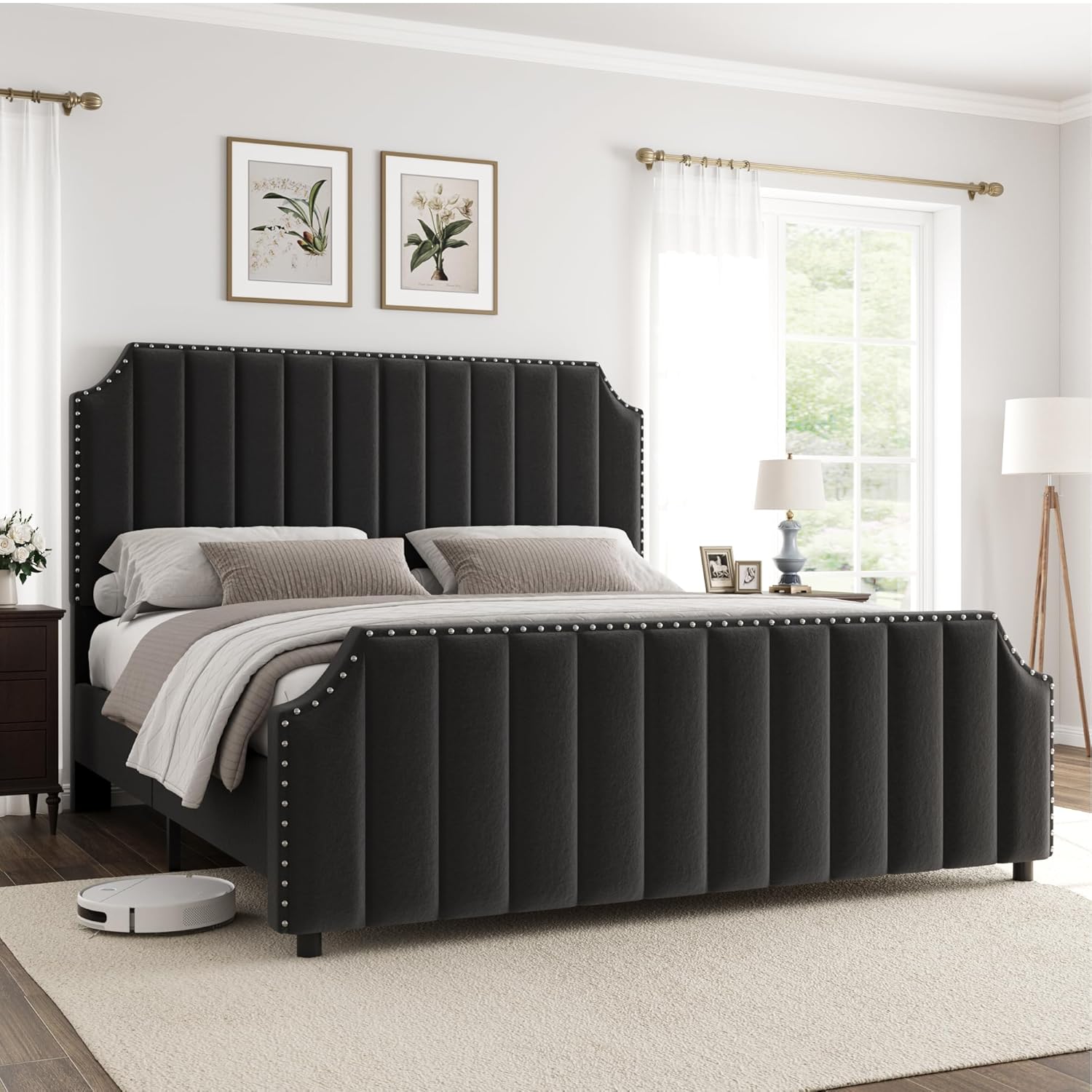 GarveeHome King Size Platform Bed Frame with 50.2 in Headboard, Velvet Upholstered Bed Frame King with Vertical Channel Tufted Headboard & Footboard, Nailhead Trim, No Box Spring Needed, Black