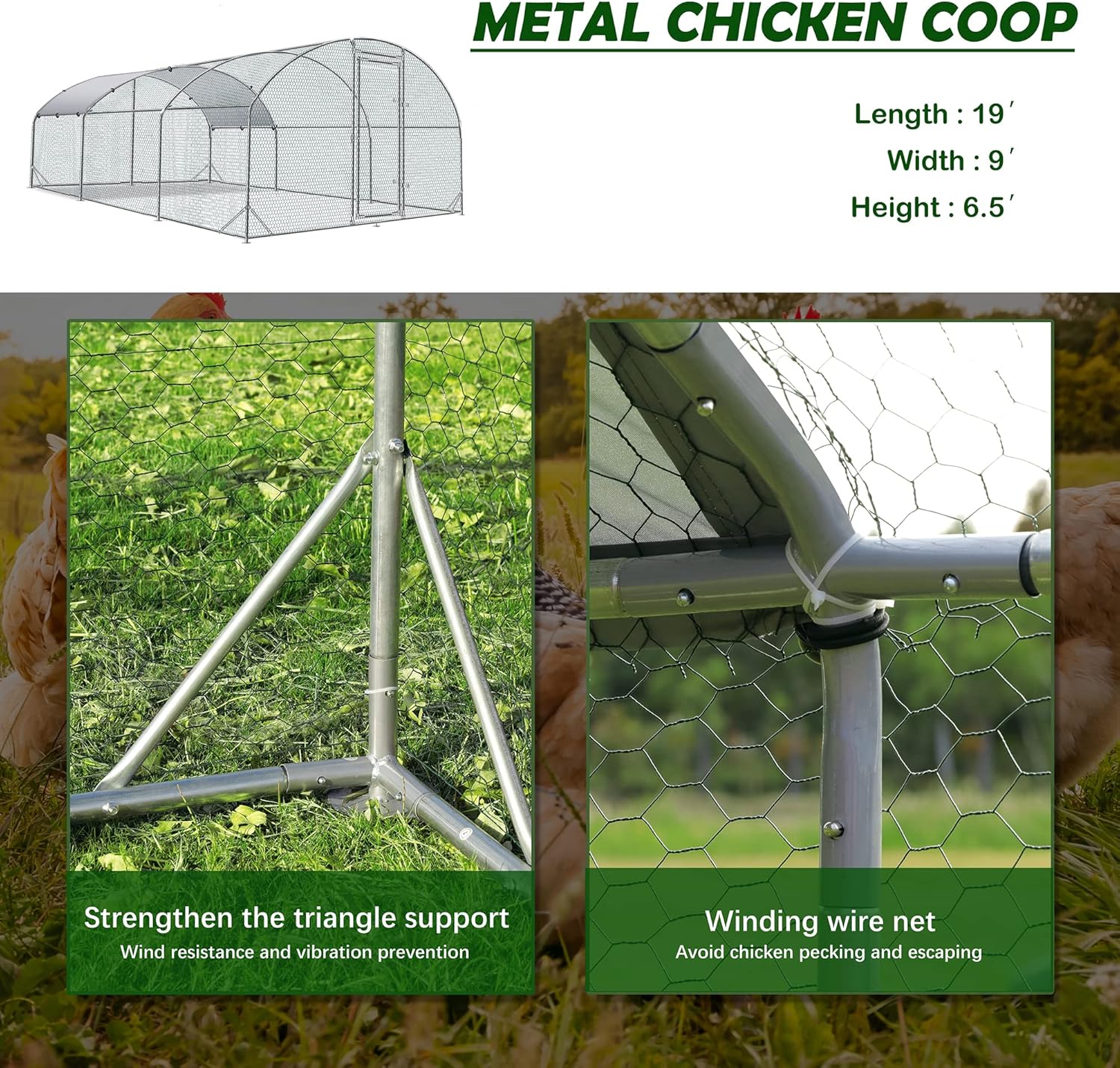 Large Metal Chicken Coop Upgrade Tri-Supporting Wire Mesh Chicken Run Chicken Pen with Water-Resident and Anti-UV Cover Duck Rabbit House Outdoor(9'W x 19'L x 6.5'H)