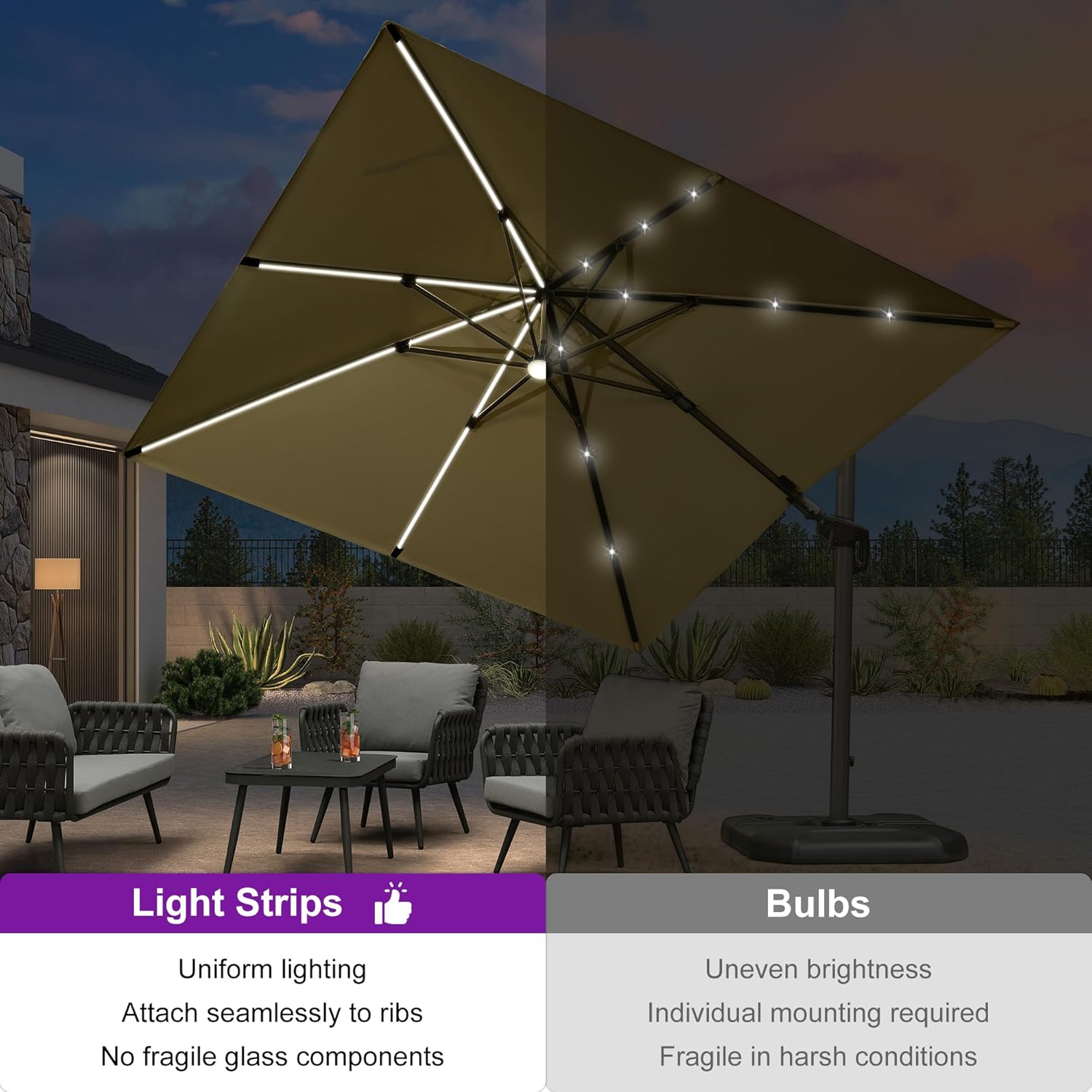 PURPLE LEAF 10 Feet Patio Umbrella Outdoor Cantilever Solar Powered LED Swivel Square Umbrella Aluminum Offset Umbrella with 360-degree Rotation for Garden Deck Pool Patio  Beige