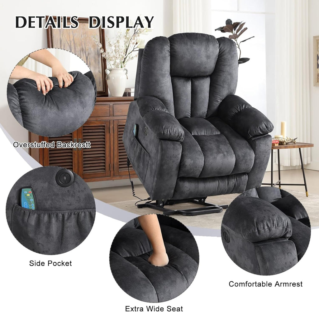 CANMOV Large Power Lift Recliner Chair with Massage, Heat, and USB for Elderly, Overstuffed Wide Recliners, Heavy Duty and Safety Motion Reclining Mechanism, Gray