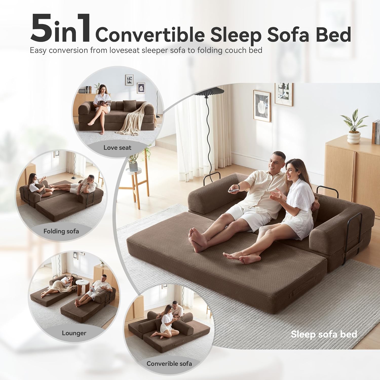 Convertible Modular Sleeper Sofa Bed, Mid Century Modern Decor Love Seat Memory Foam Couches, Sleeper Sofa Bed for Living Room, Solid & Easy to Install Cloud Couch (Brown)