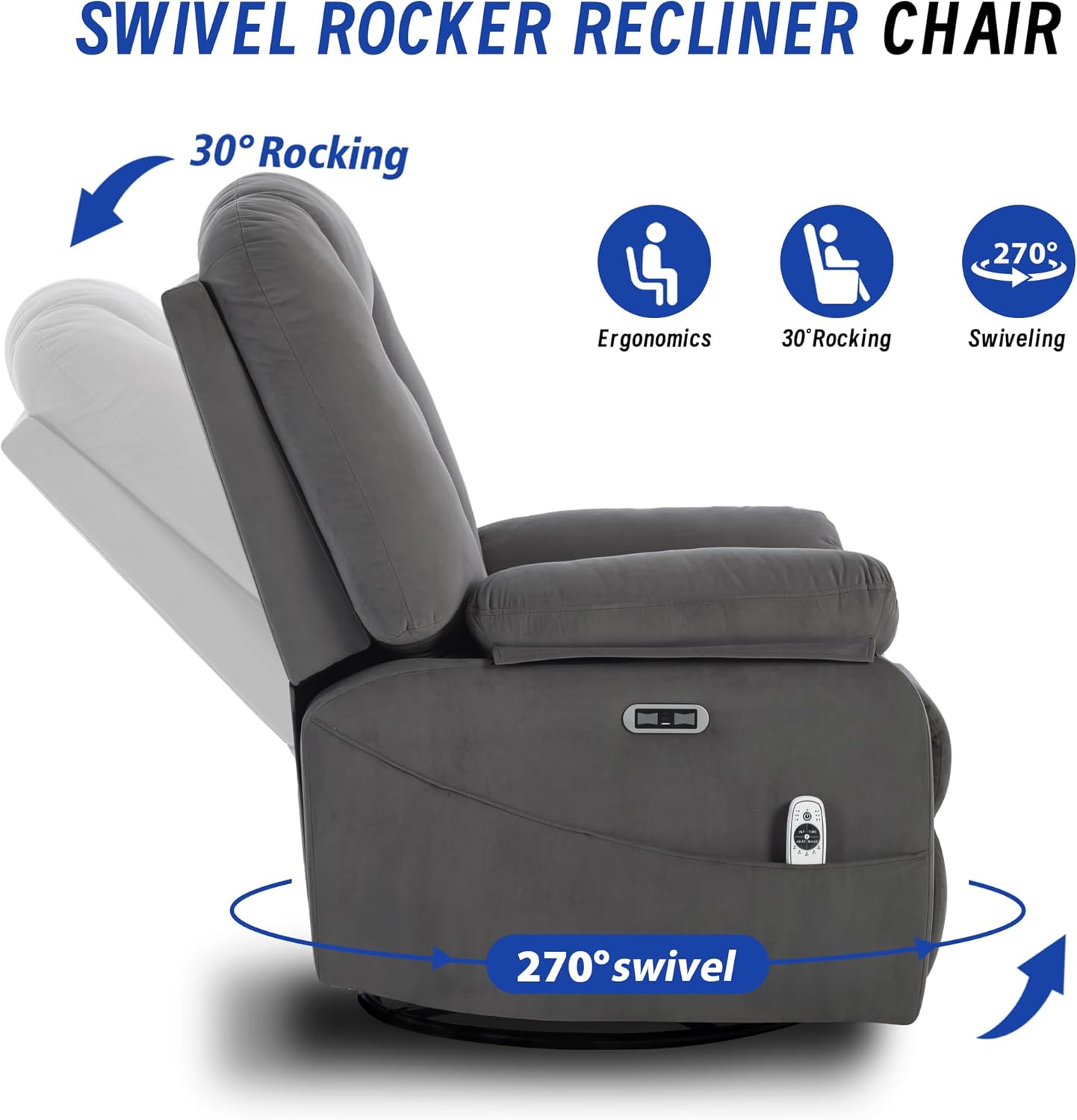 Power Swivel Rocker Recliner Chair for Adults,Rocking Recliners Chairs with Massage and Heat for Living Room, Electric Fabric Reclining Sofa Chair with USB and Type-C Port (Gray)