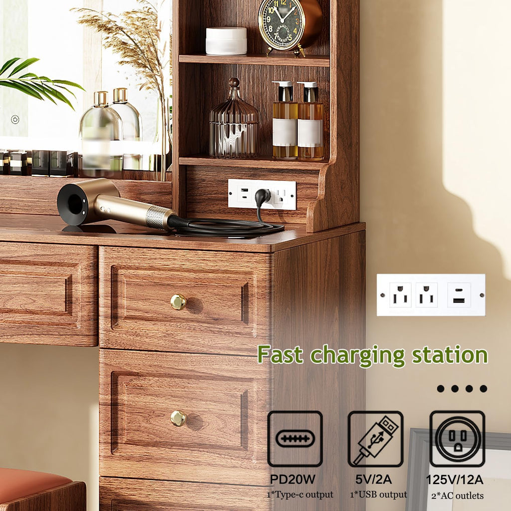 43" Makeup Vanity Desk with Mirror and Lights, & Power Outl, Glass Top Big Vanity Table with 9 Drawers& 8 Storage Shelves, Dressing Table Set with Chair for Bedroom, Brown