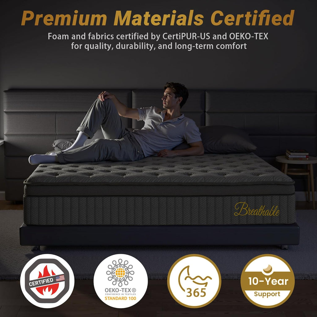14″ King Hybrid Mattress – Cooler, Quieter & Deeper Comfort, Airflow Foam + Pocket Coils, 2″+ Plush Cushion, Heavy-Duty Support, CertiPUR-US, Fiberglass-Free, Mattress in a Box