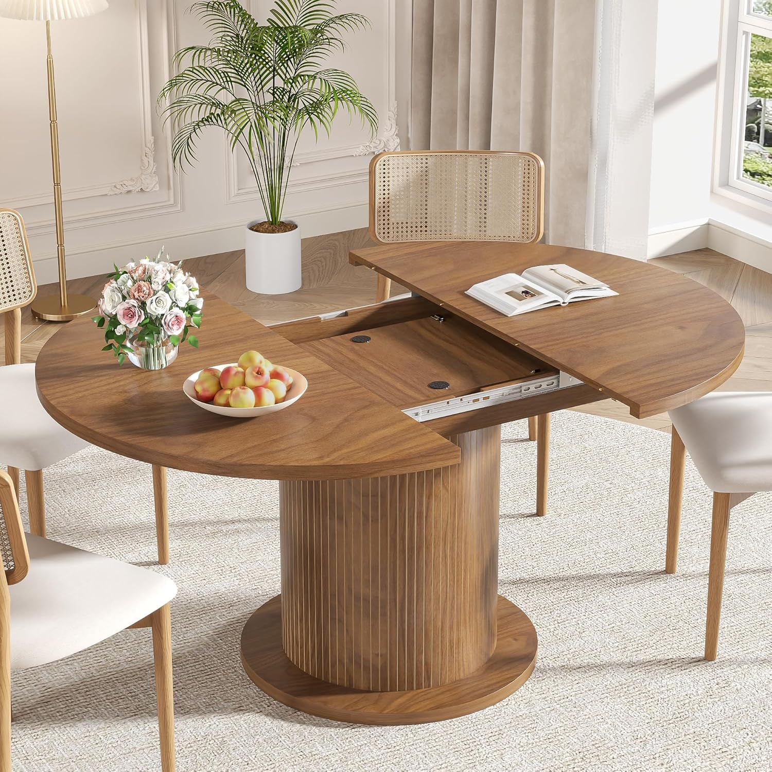 59 inch Round Dining Table for 6, Modern Farmhouse Kitchen Table, Circle Dining Tables with Wood Strip Base for Kitchen Living Room (Big Adjustable Walnut)