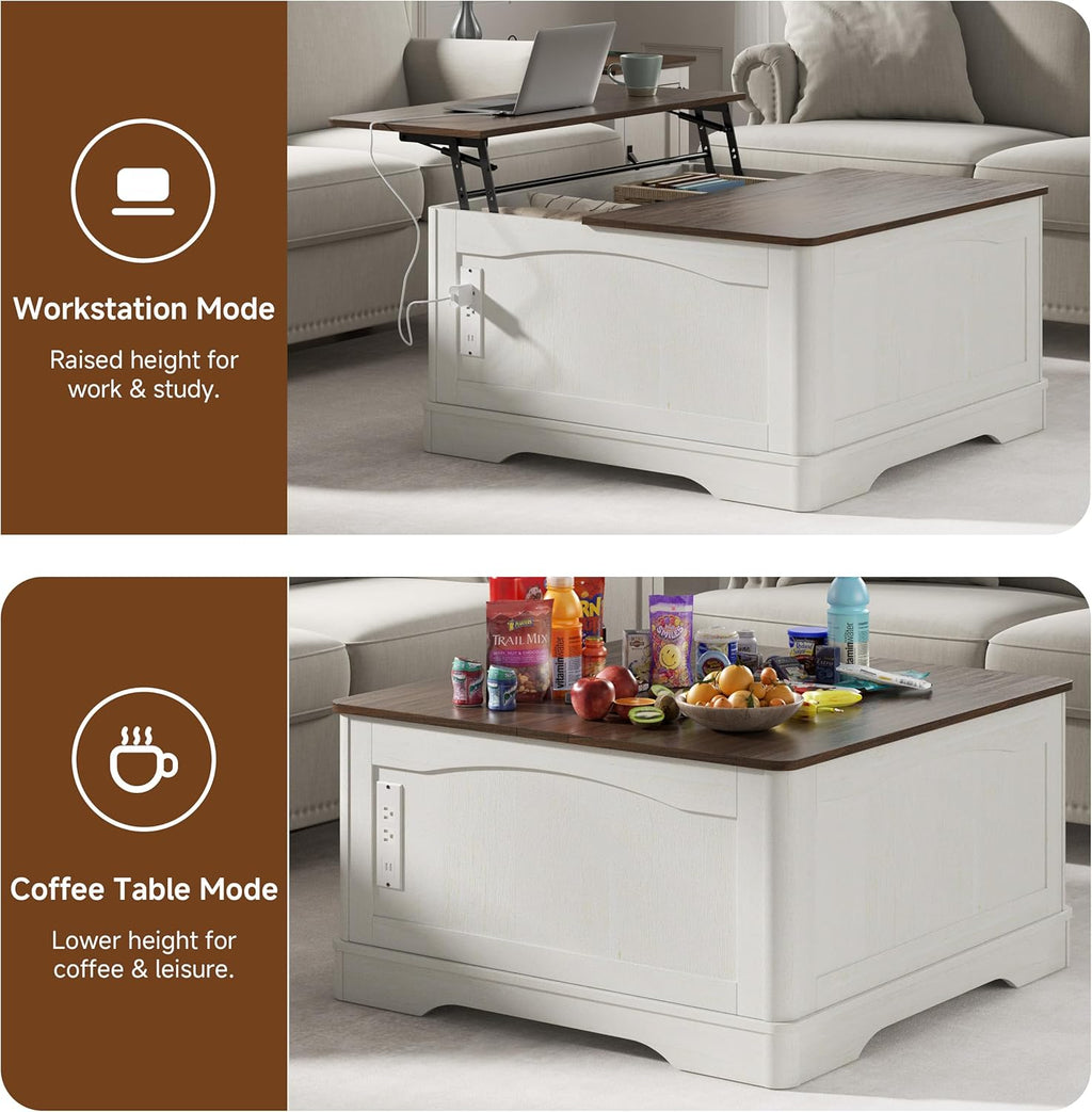 35" Farmhouse Lift Top Coffee Table, Wood Square Center Table with Charging Station, Rounded Edge Table with Hidden Storage, for Living Room, Bedroom, Office, AC, USB Output, White Walnut