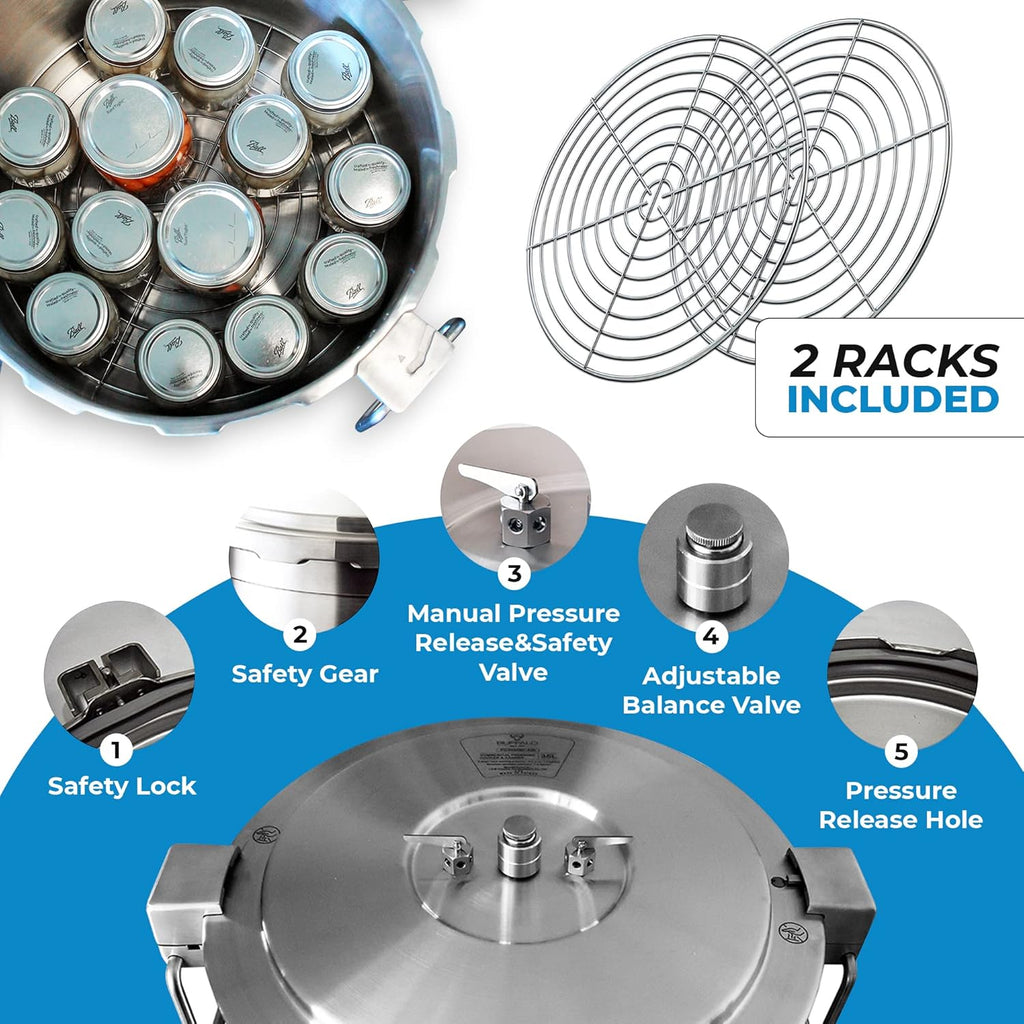 Buffalo 37 Quart Stainless Steel Pressure Cooker Extra Large Canning Pot with Rack and Lid for Commercial Use - Easy to Clean Stove Top Pressure Canner, Can Cooker - Safety Goods Certificate QCP435