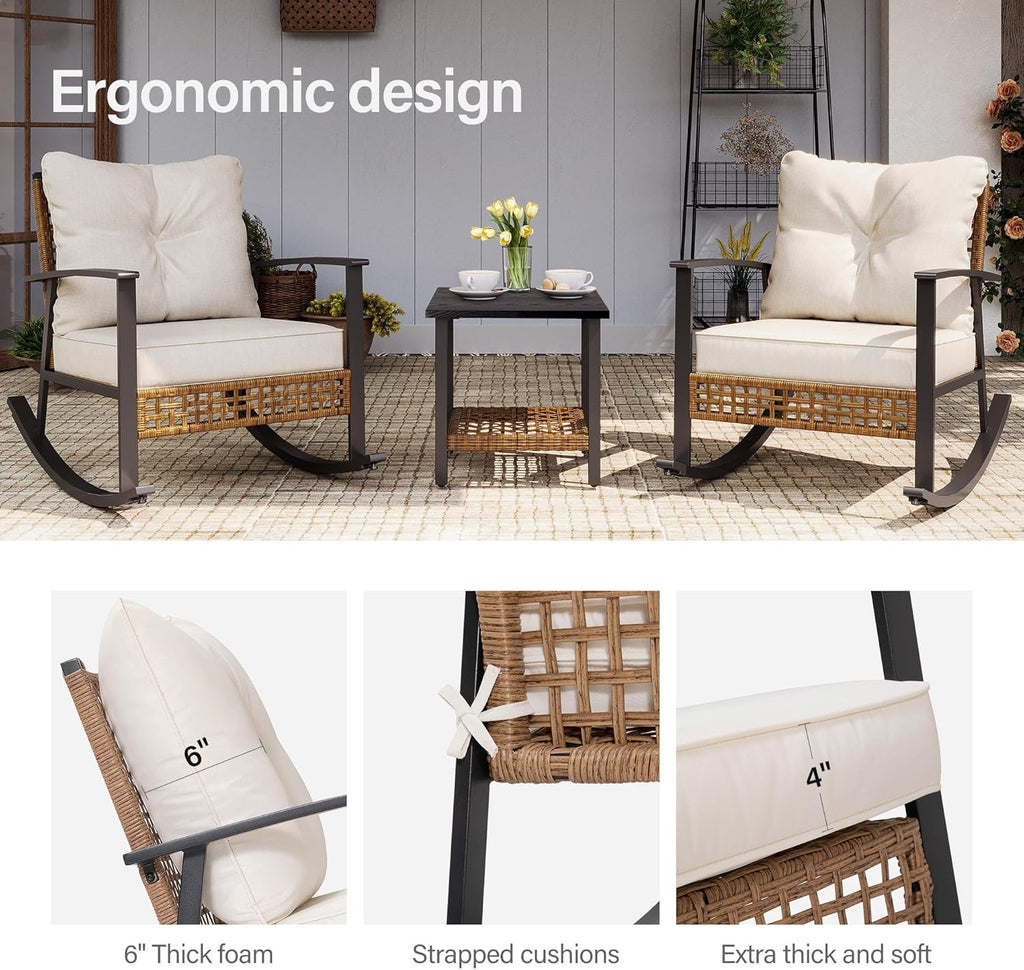 LAUSAINT HOME 3-Piece Rocking Bistro Set  Outdoor Patio Furniture with Thick Cushions and 2-Tier Coffee Table  Oversize Rattan Conversation Set for Garden  Balcony  Backyard (Beige)