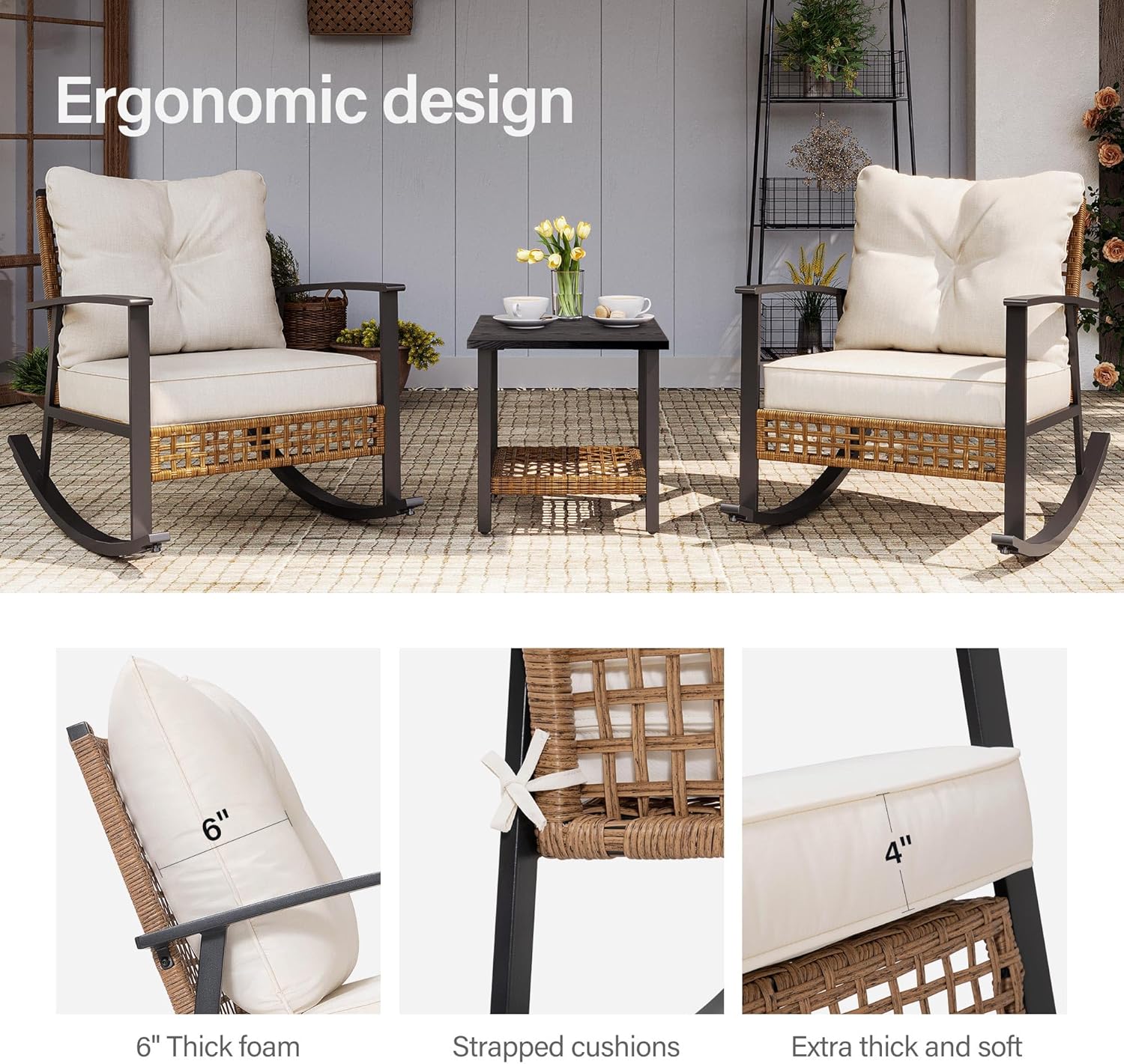 LAUSAINT HOME 3-Piece Rocking Bistro Set  Outdoor Patio Furniture with Thick Cushions and 2-Tier Coffee Table  Oversize Rattan Conversation Set for Garden  Balcony  Backyard (Beige)