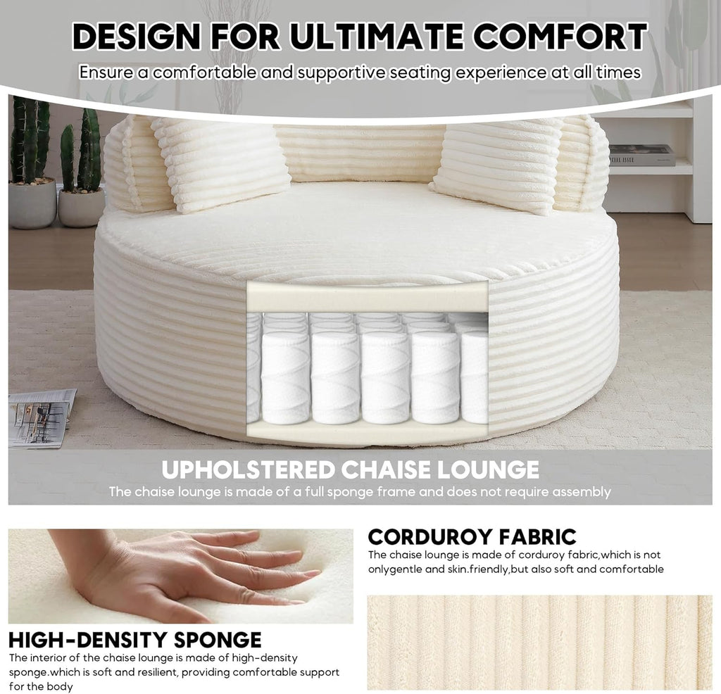 Oversized Round Chair Lounge Chaise Indoor, 53.5" Upholstered Corduroy Deep Seat Single Cloud Sofa Chair, Fluffy Modern Large Circle Boneless Sleeper Sofa for Living Room, Bedroom, Beige White