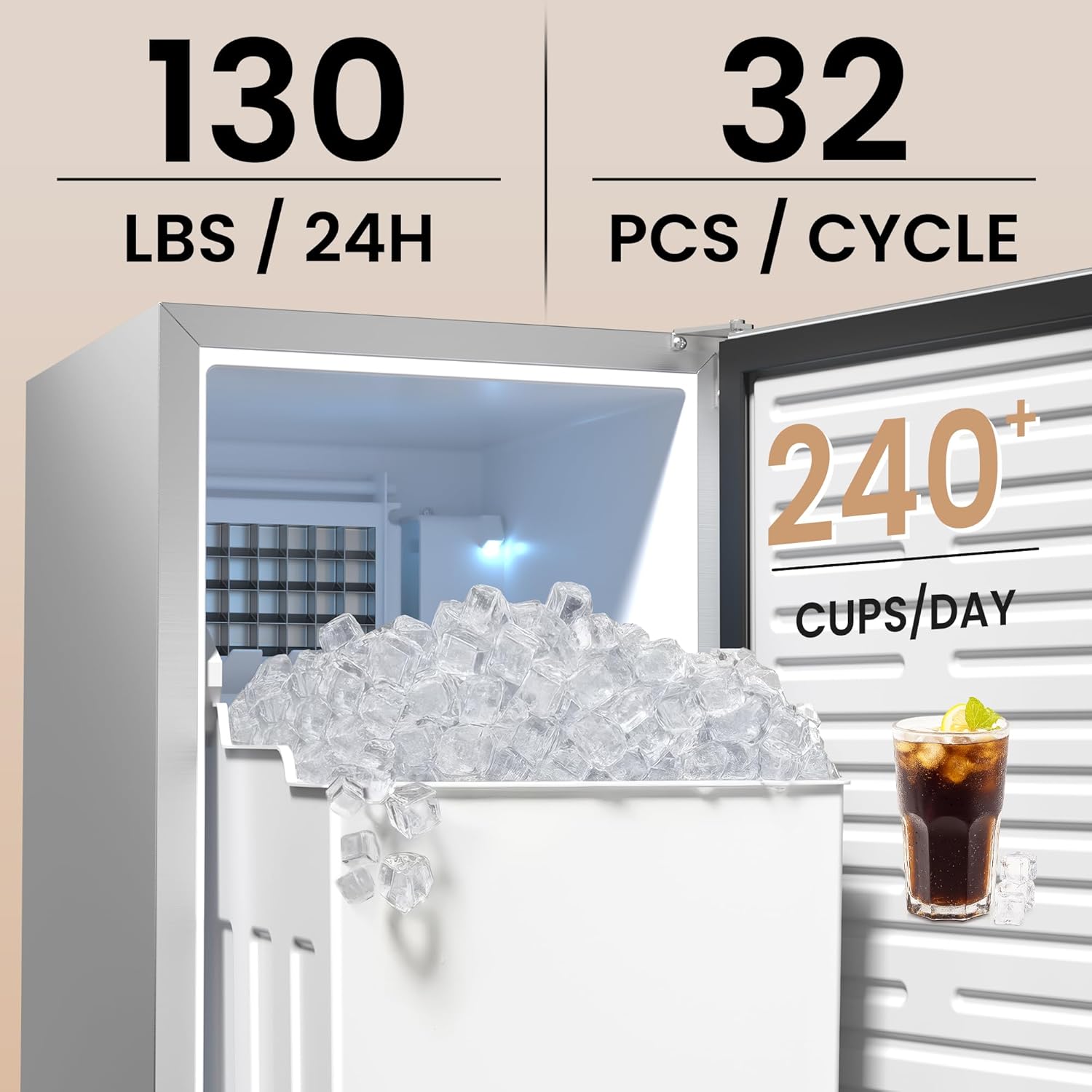 Coolski 15” Under Counter Ice Maker Machine, 130 Lbs/Day with 30 LBS Storage Bin, Built-in Freestanding Stainless Steel Ice Maker with Auto-Cleaning, Smart LCD Panel, for Commercial & Home Outdoor Use