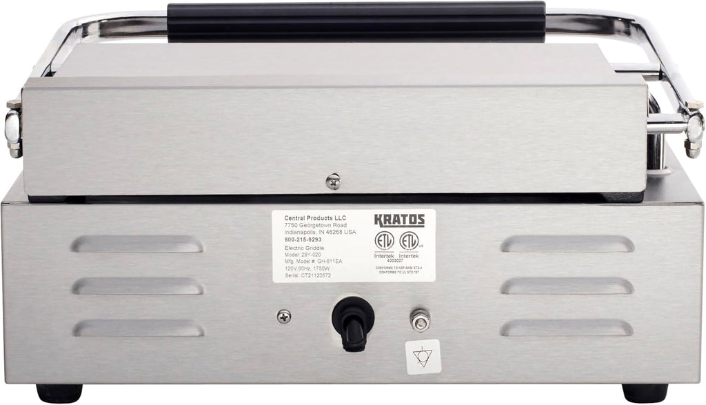 Kratos Commercial Electric Panini Sandwich Grill with Grooved Plates, 14" x 9" Cooking Surface, Commercial Countertop Panini Press, 120V, 1750W (29Y-020)