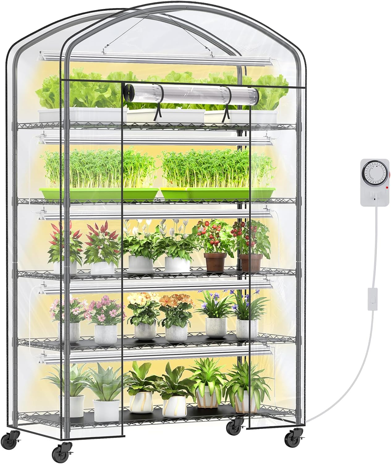 5 Tier Metal Plant Stand with Grow Light & PVC Cover Portable Mini Greenhouse with Shelves Adjustable Small Indoor Green House with Grow Light for Indoor Plants  Seedling Rack 49"x21.6"x79"
