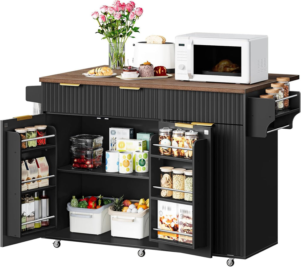 Mobile Kitchen Island with Folding Drop Leaf Countertop, Rolling Kitchen Island Cart with Trash Can Storage, Drawers, Adjustable Shelf, Spice Rack, for Dining Room, Black and Walnut MZD08BL